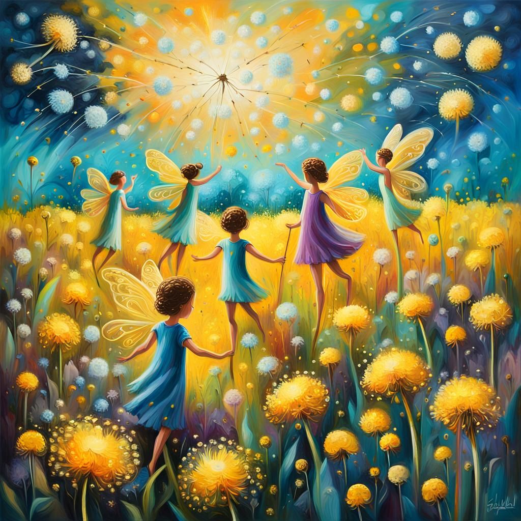 Fairies Making Wishes in Dandelion Field: Expressionist Pain...
