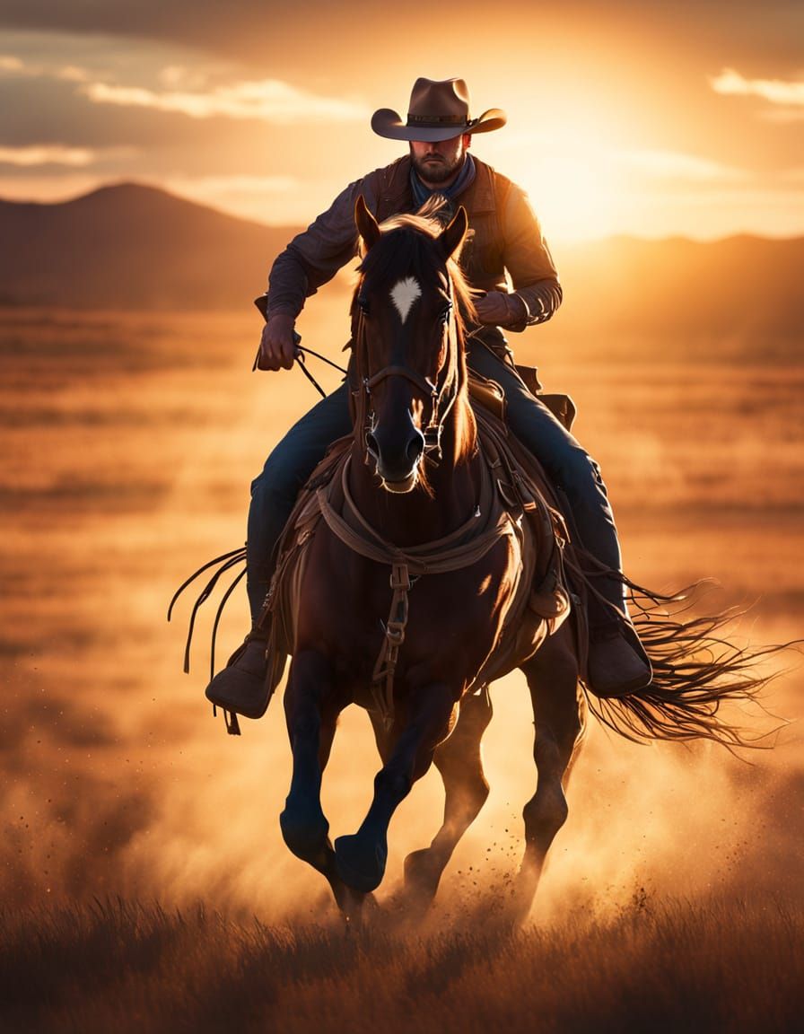 Lone Cowboy Rides into a Mythic Sunset