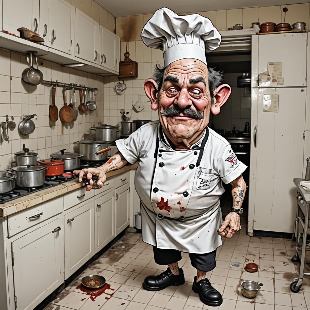 Humorous Caricature of a Chef in Kitchen Chaos