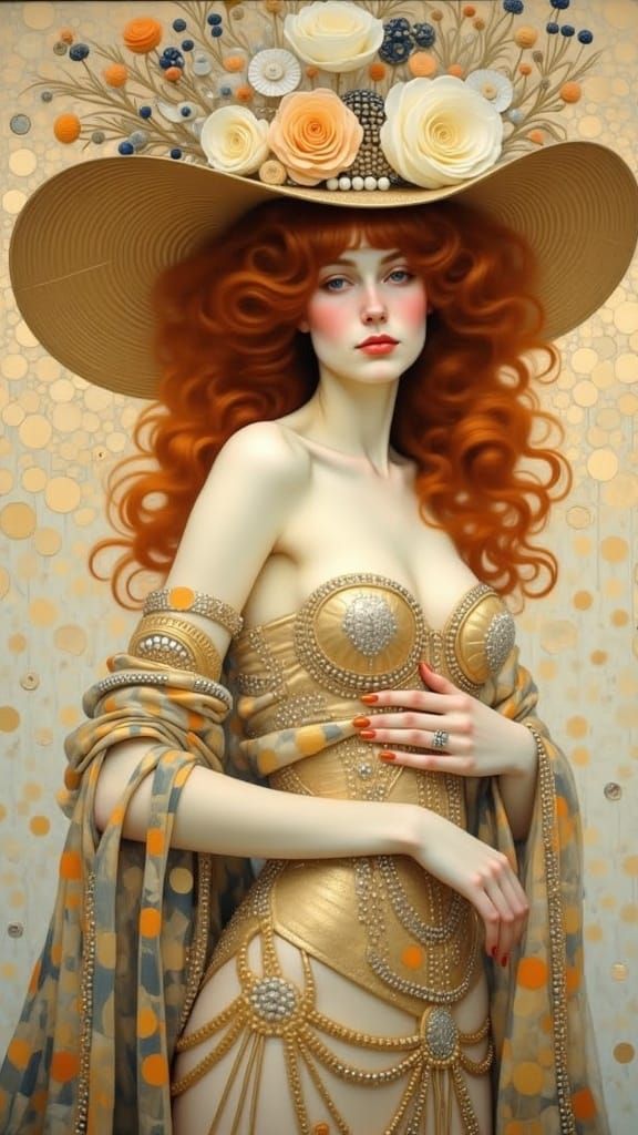 Flapper Socialite in Opulent Gustav Klimt-Inspired Hat
