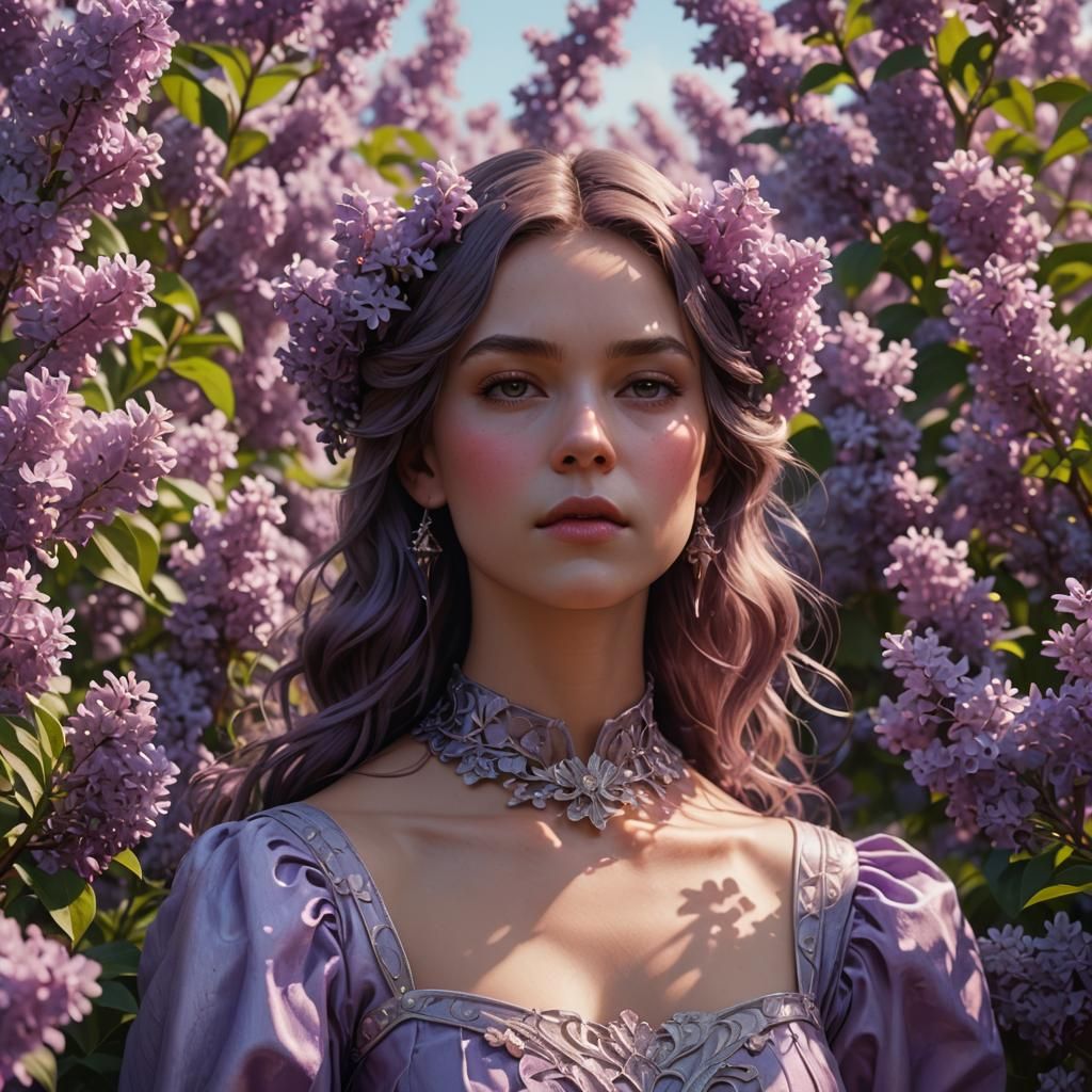 Hyperrealistic Woman in Lilac Field: Digital Portrait