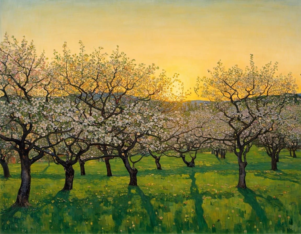 Garden of Golden Apple Blossoms in Soft Evening Light