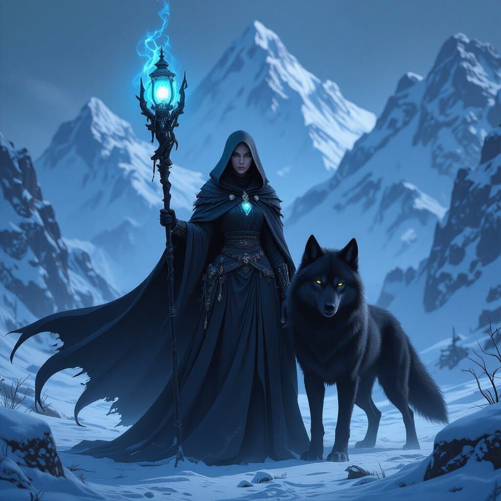 Viera Warrior with Direwolf in Snowy Mountains