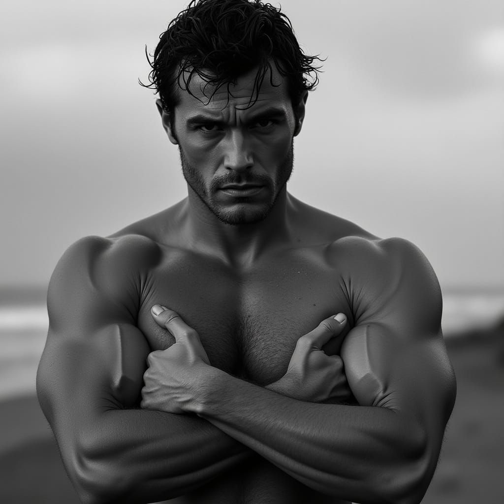 Intense Black and White Portrait of Muscular Man