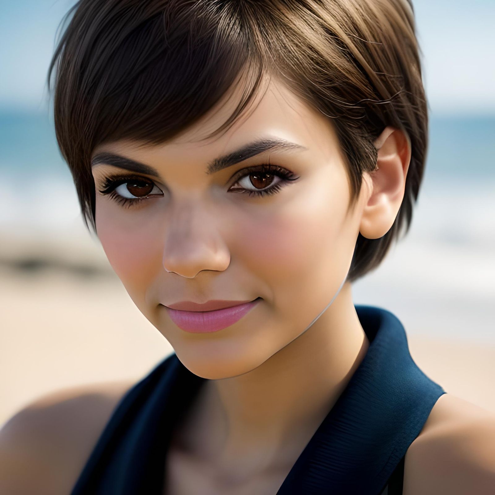 Victoria Justice Portrait with Pixie Cut on Beach