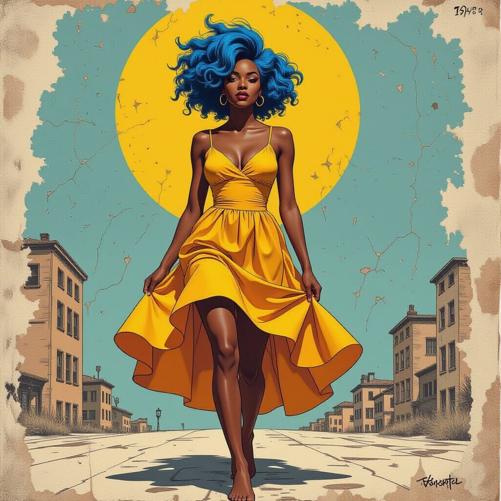 Surreal Comic Style Portrait of Blue-Haired Figure