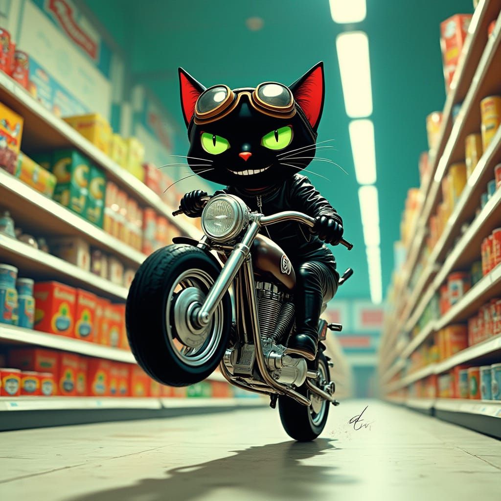 Futuristic Cat Performs Wheelie in Retro-Supermarket