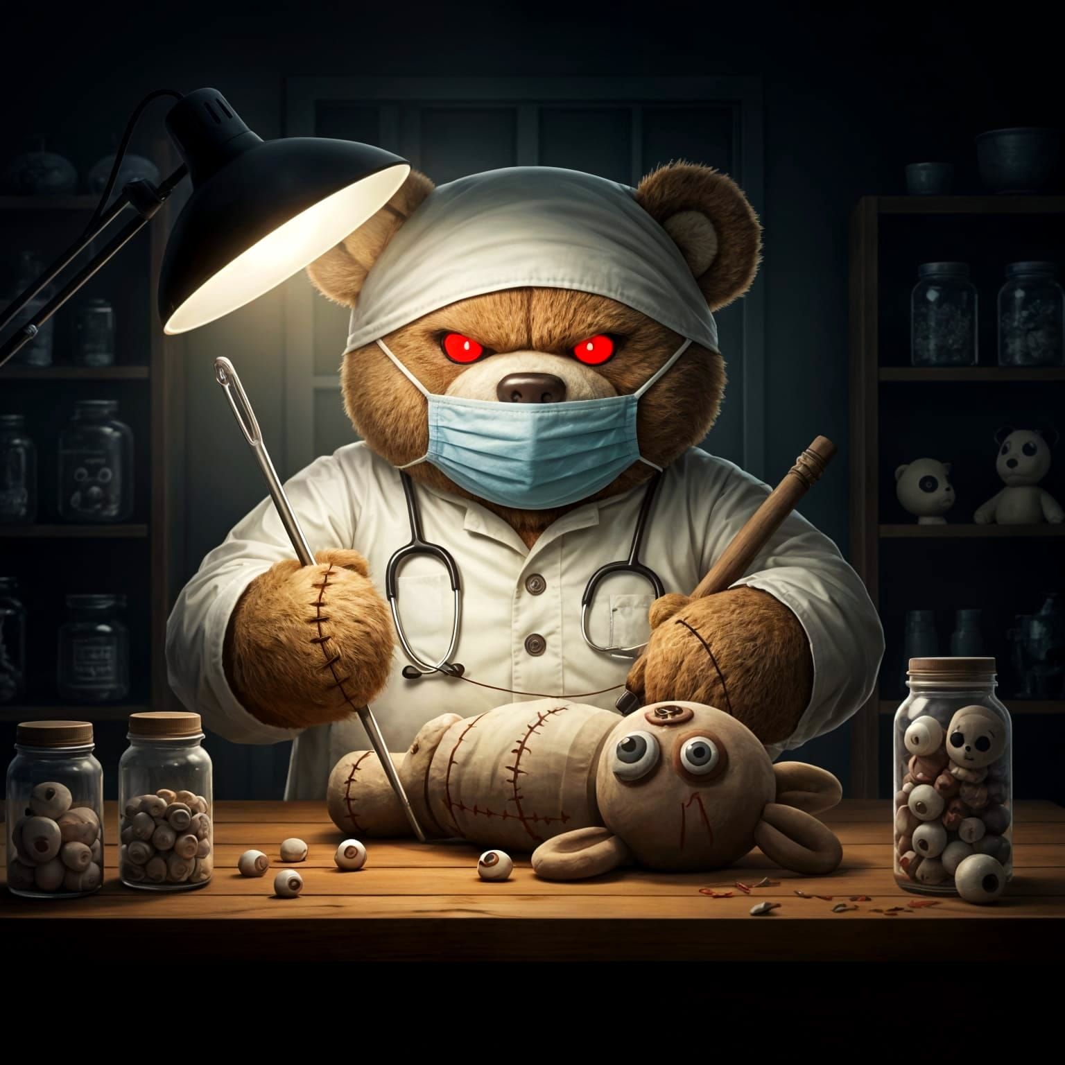 Evil Bear in Medical Mask with Red Eyes