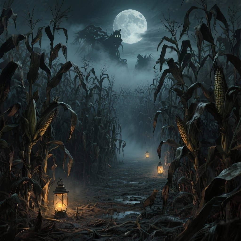 Chilling Haunted Corn Maze Under a Full Moon