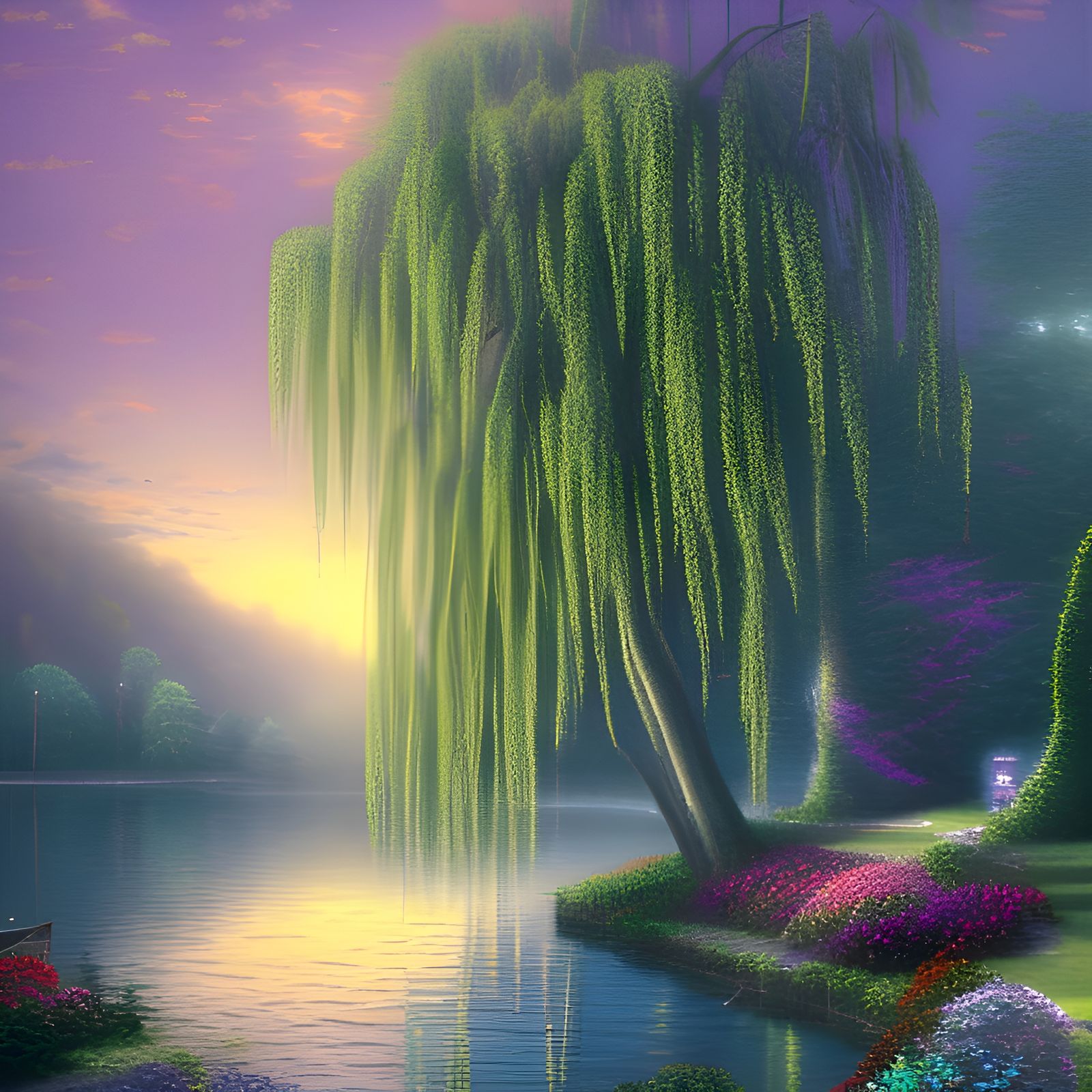Ethereal Weeping Willow in Lake: Fantasy Art