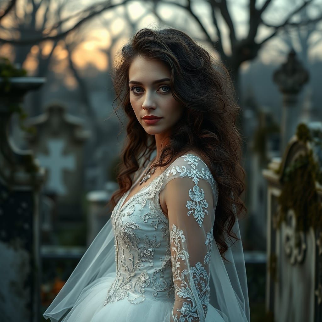 Ethereal Woman in Haunted Cemetery