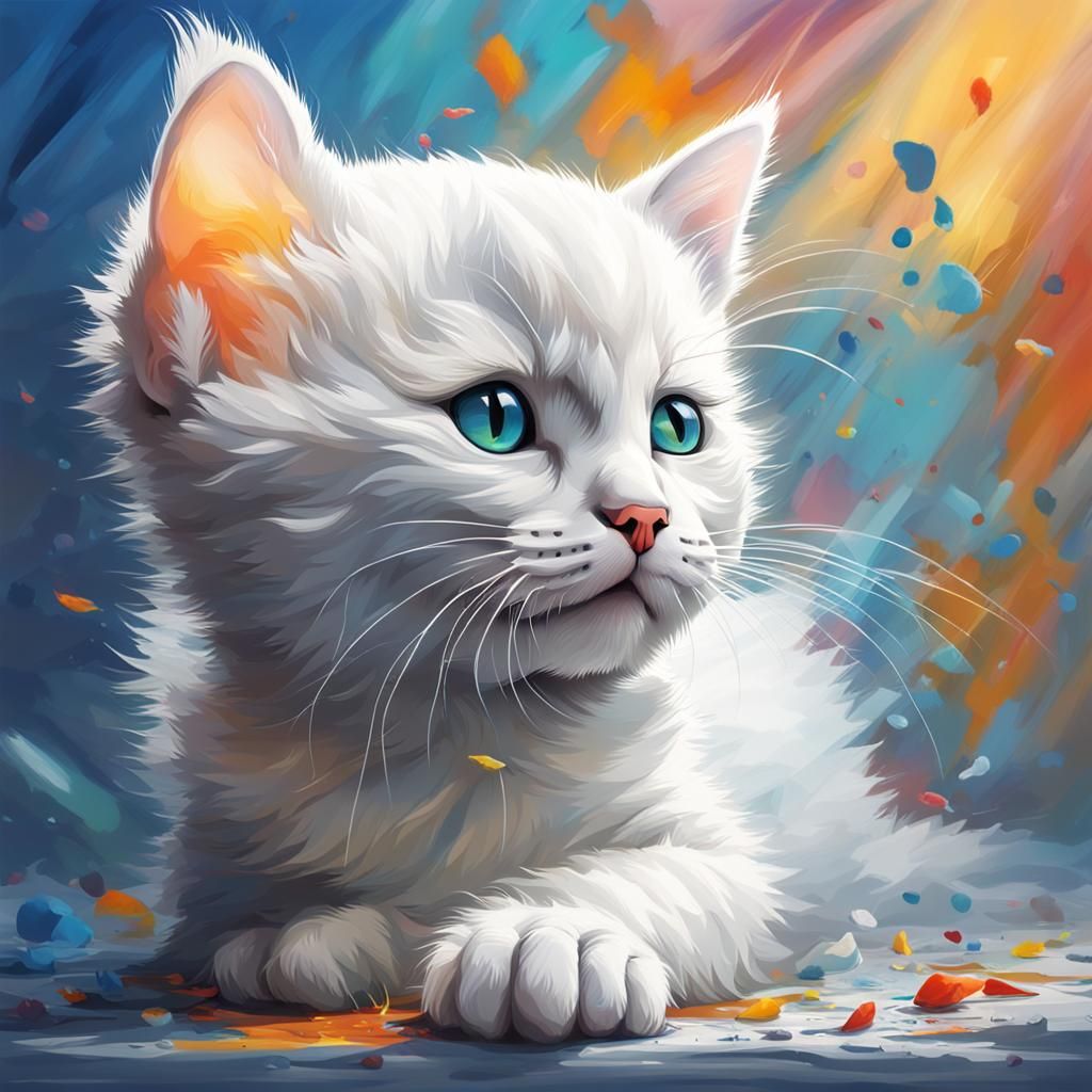 Hyperrealistic White Kitten with Mouse in Digital Art