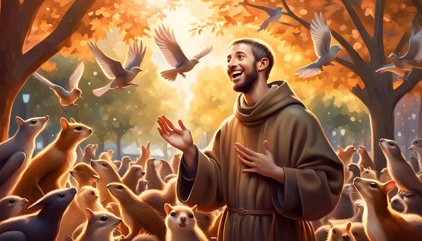 St Francis Preaching to Animals in City Park