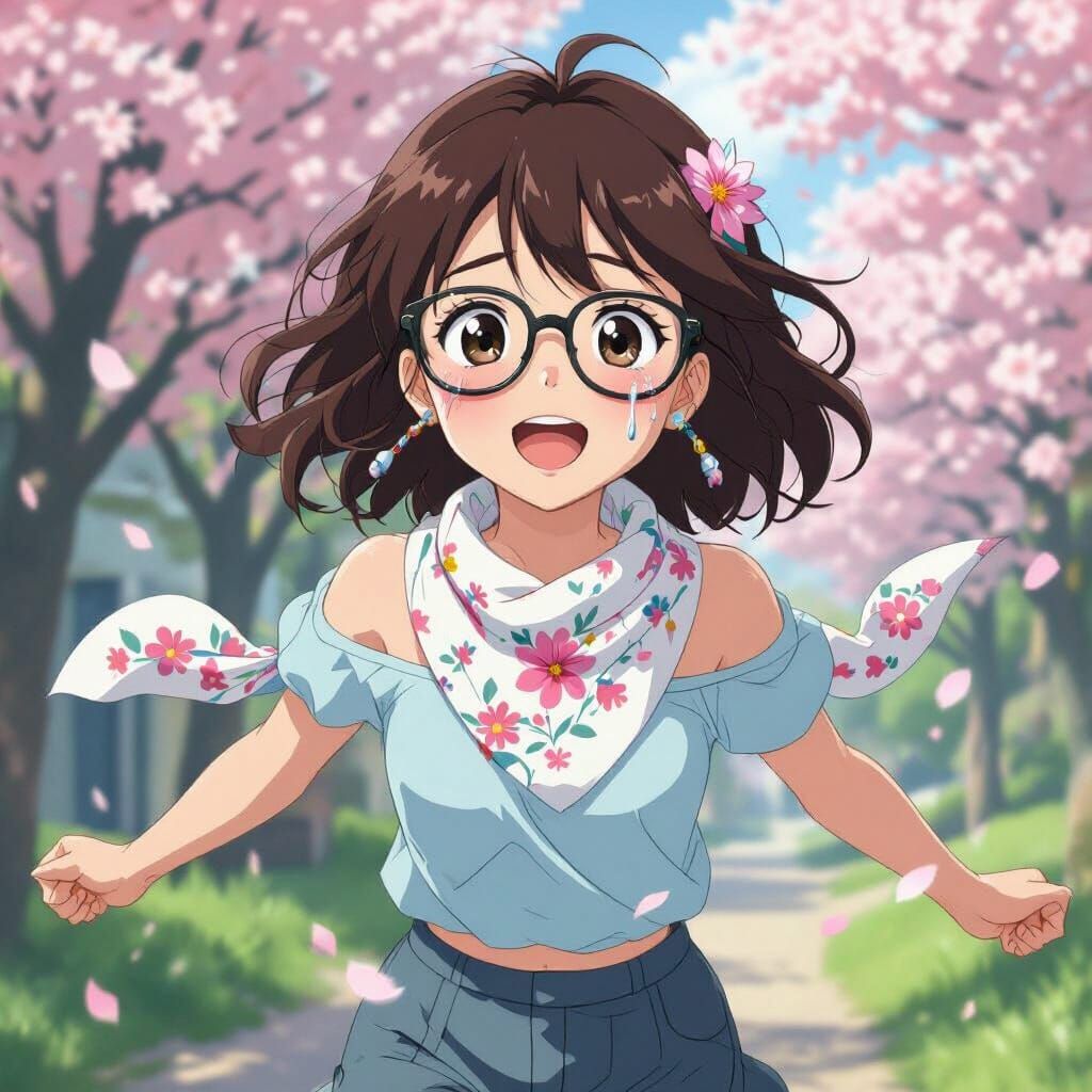 Anime Girl Crying in Cherry Blossom Landscape