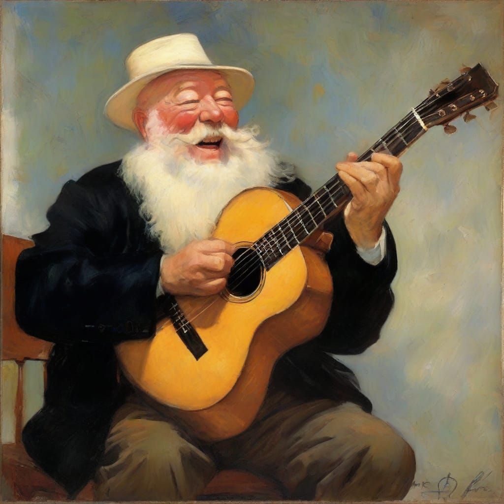 Impressionistic Oil Painting of Musician Entertaining Congre...