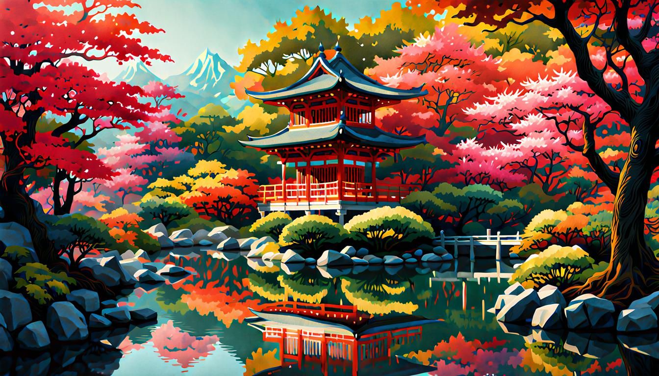 Vibrant Japanese Garden Pop-Up Book Illustration