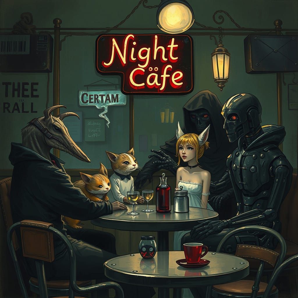 Whimsical Night Cafe Scene in Cyberpunk Style
