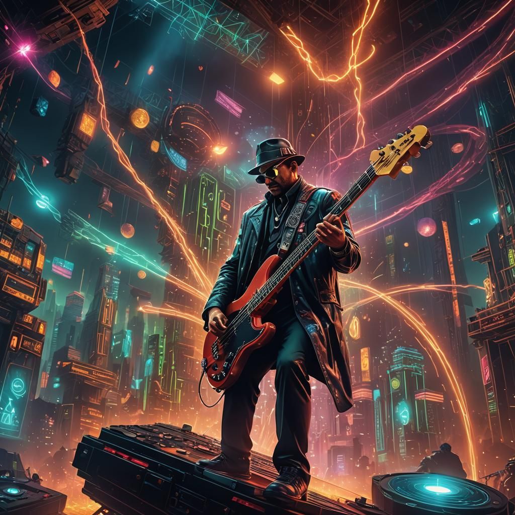 Bass Player in Funk Concert with Lasers