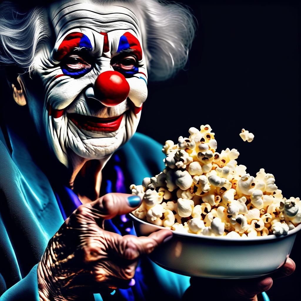 Haunting Beauty: Old Woman Clown Offers Popcorn