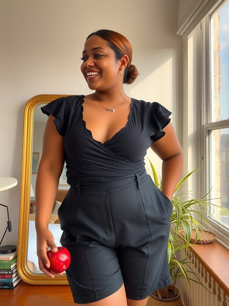 Dominican Woman Poses with Apple in Vintage Mirror