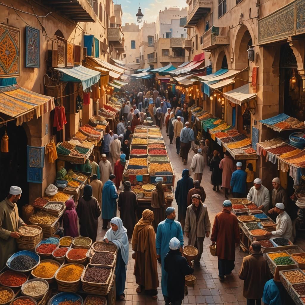 Colorful Market Scene in Casablanca, Oil Painting