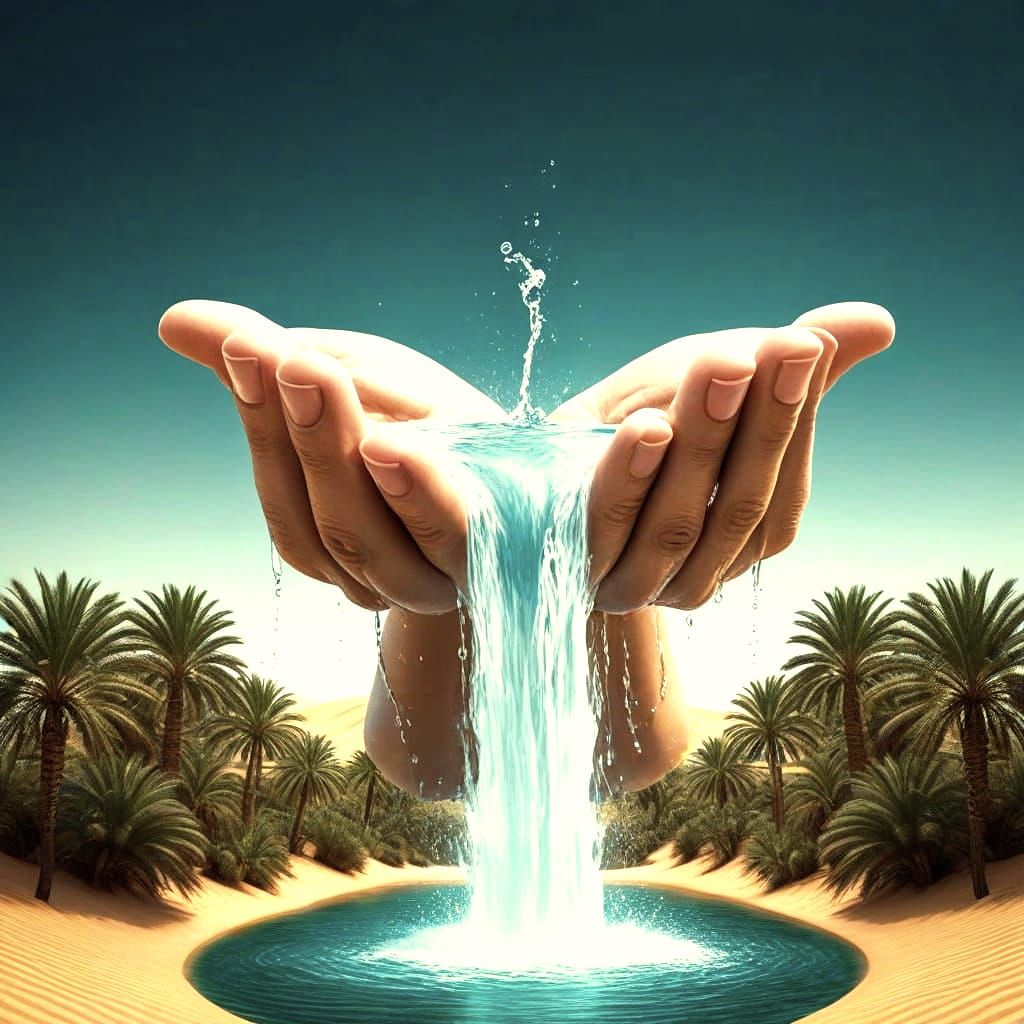 Giant Hands Create Oasis Waterfall: Hyperrealistic Photo