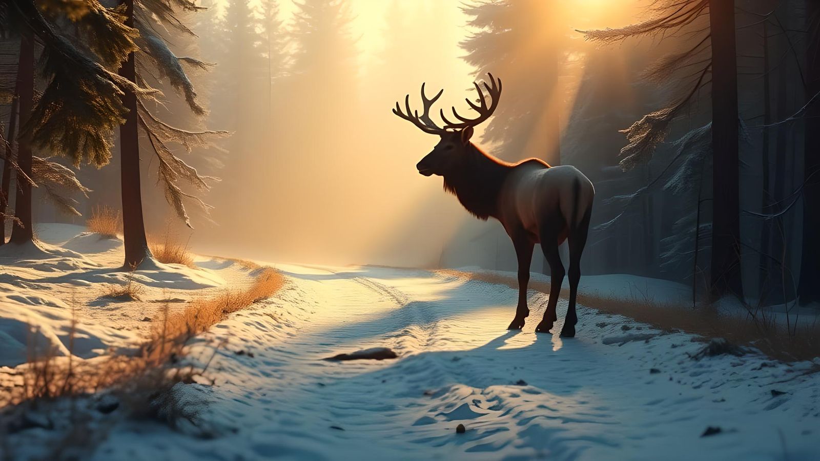 Majestic Elk in Snowy Forest: Cinematic Film Still