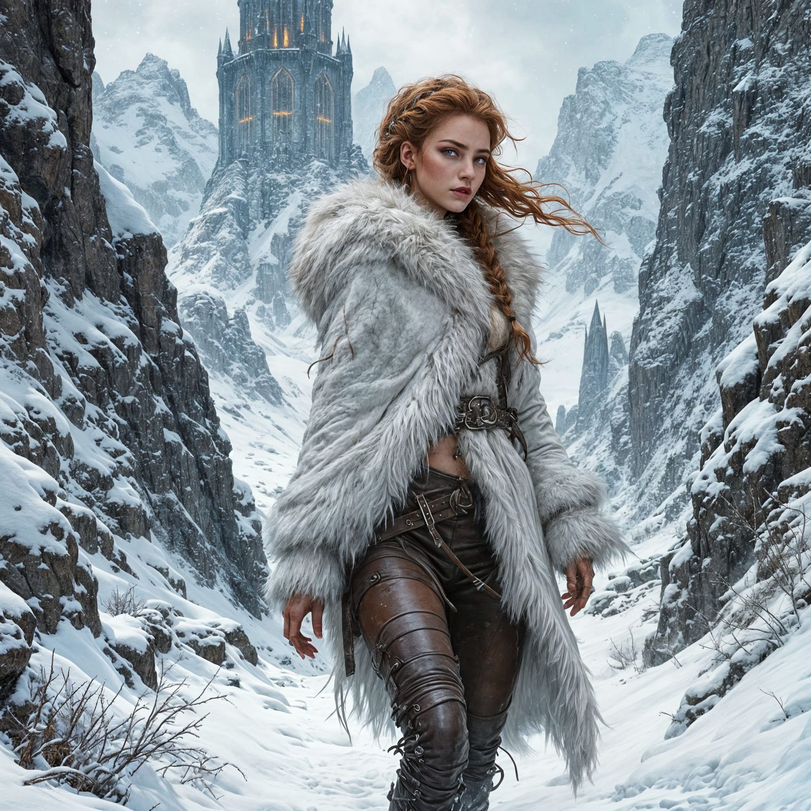 Adventurer in Snowy Mordor: Detailed Fantasy Illustration