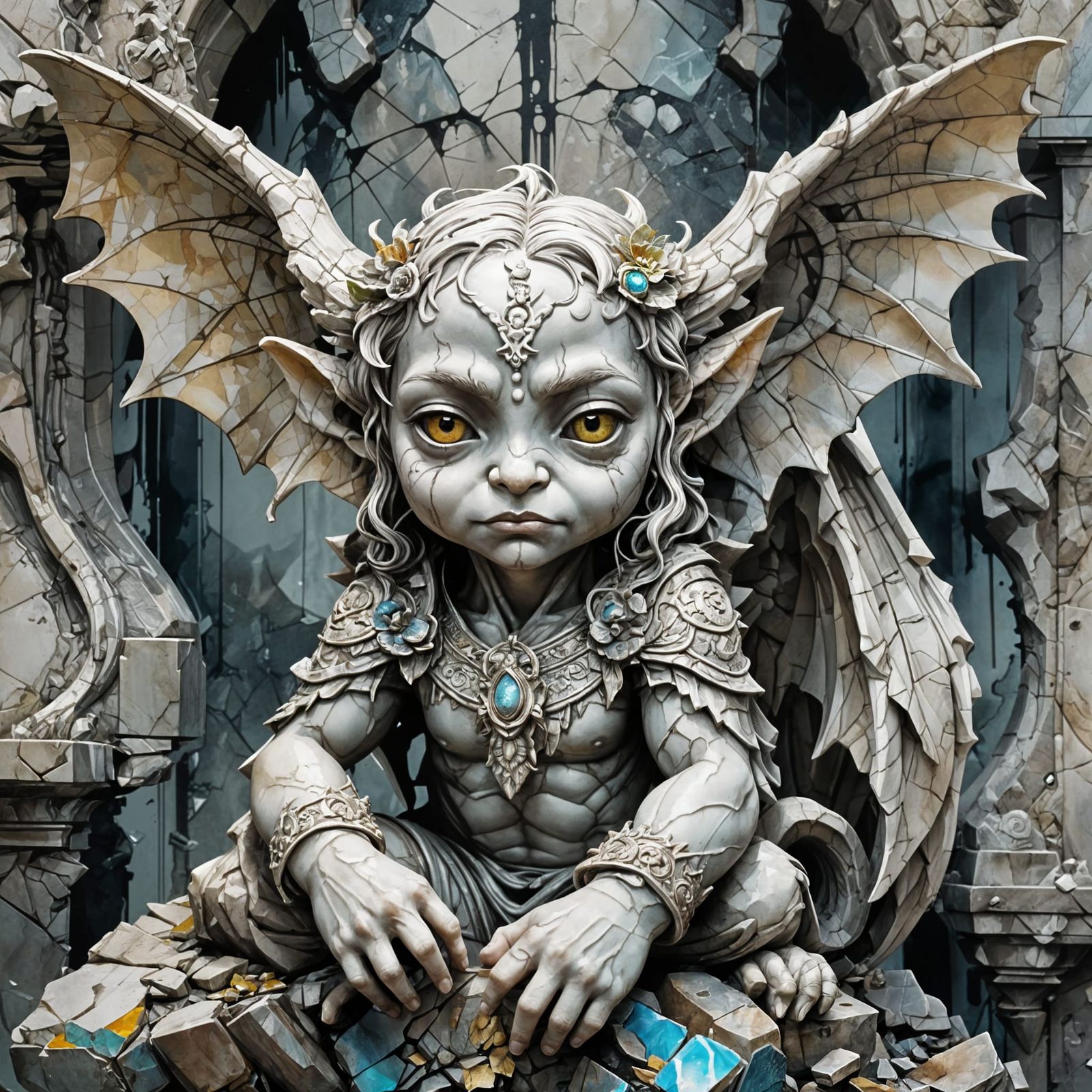 Adorable Chibi Stone Gargoyle with Ink Wash Aesthetic