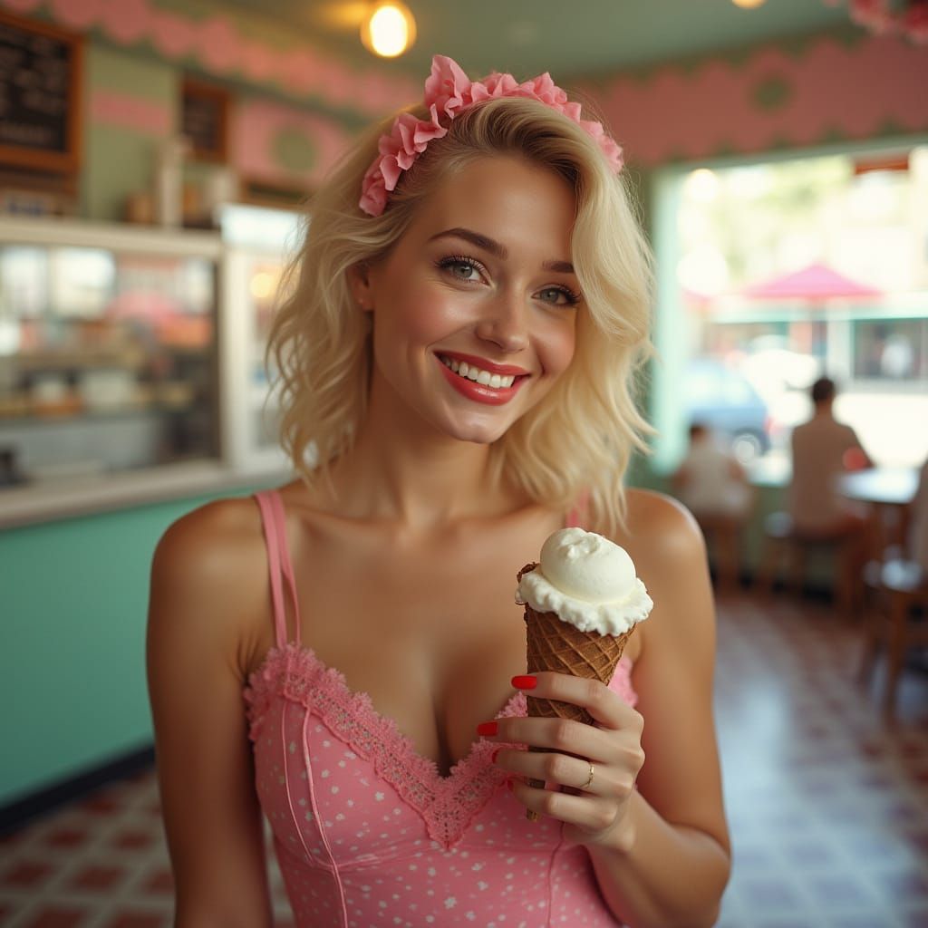 Pin-up Girl Enjoys Ice Cream at Retro Shop