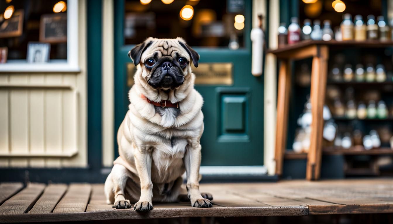 Pug Sits Outside Victorian Store: Photography
