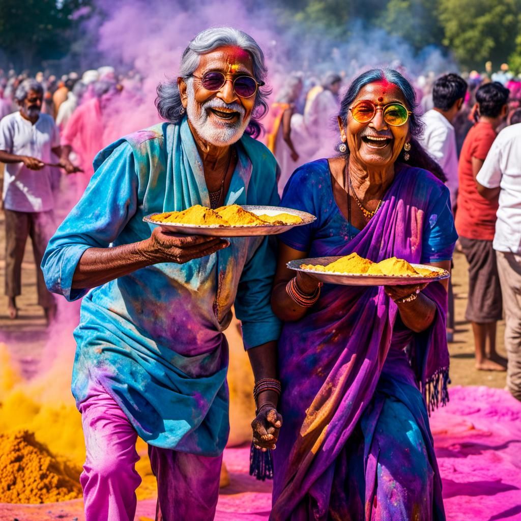 Joyful Indian Couple Baking Pies at Holi Festival