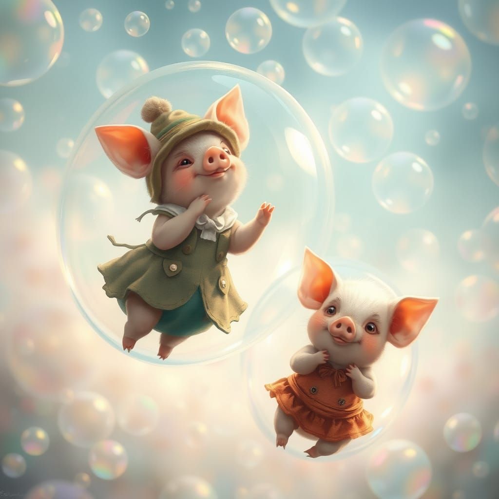 Air Piglets Playing in Shimmering Bubbles