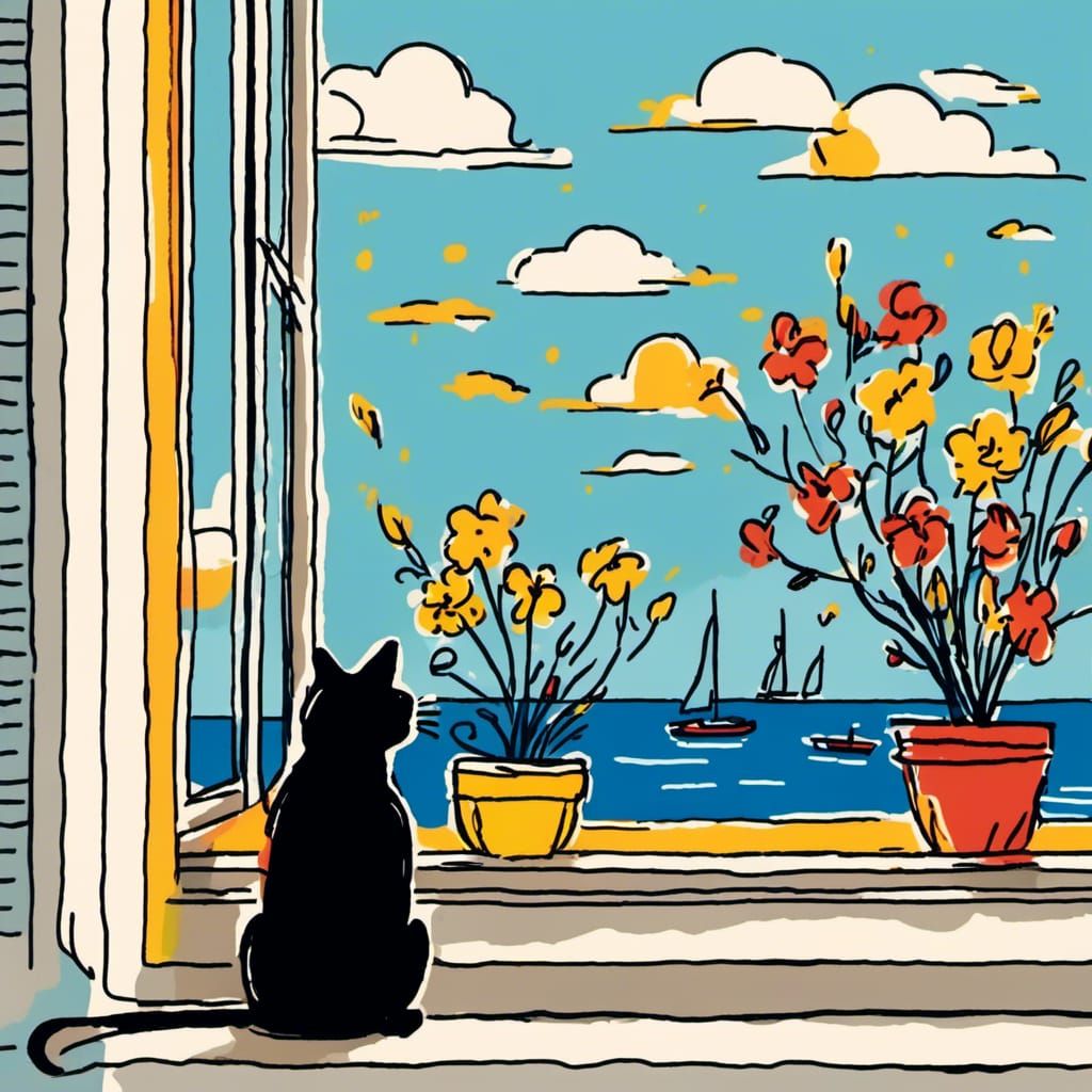 Stick Figure Cat Watches Boats