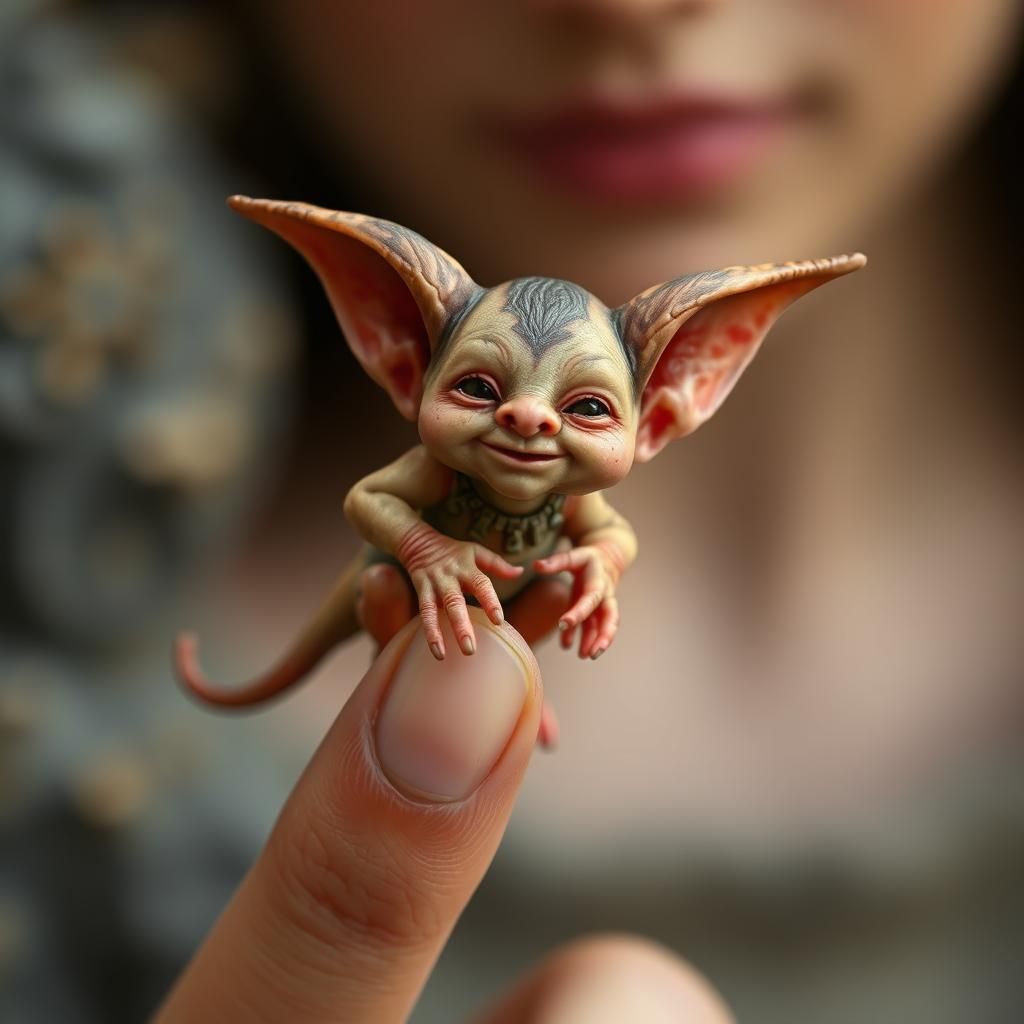 Tiny Goblin Perched on Fingertip: A Masterpiece