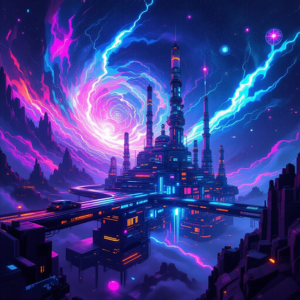 Cyberpunk Factory Bends Spacetime with Neon Lights