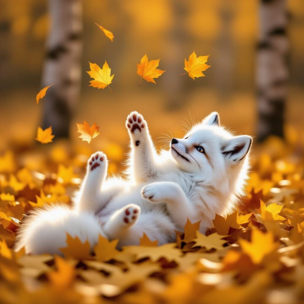 Arctic Fox Kit Plays in Golden Autumn Leaves
