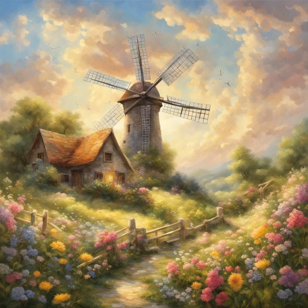 Windmill and Rabbits in Flower Meadow, Luminism Style