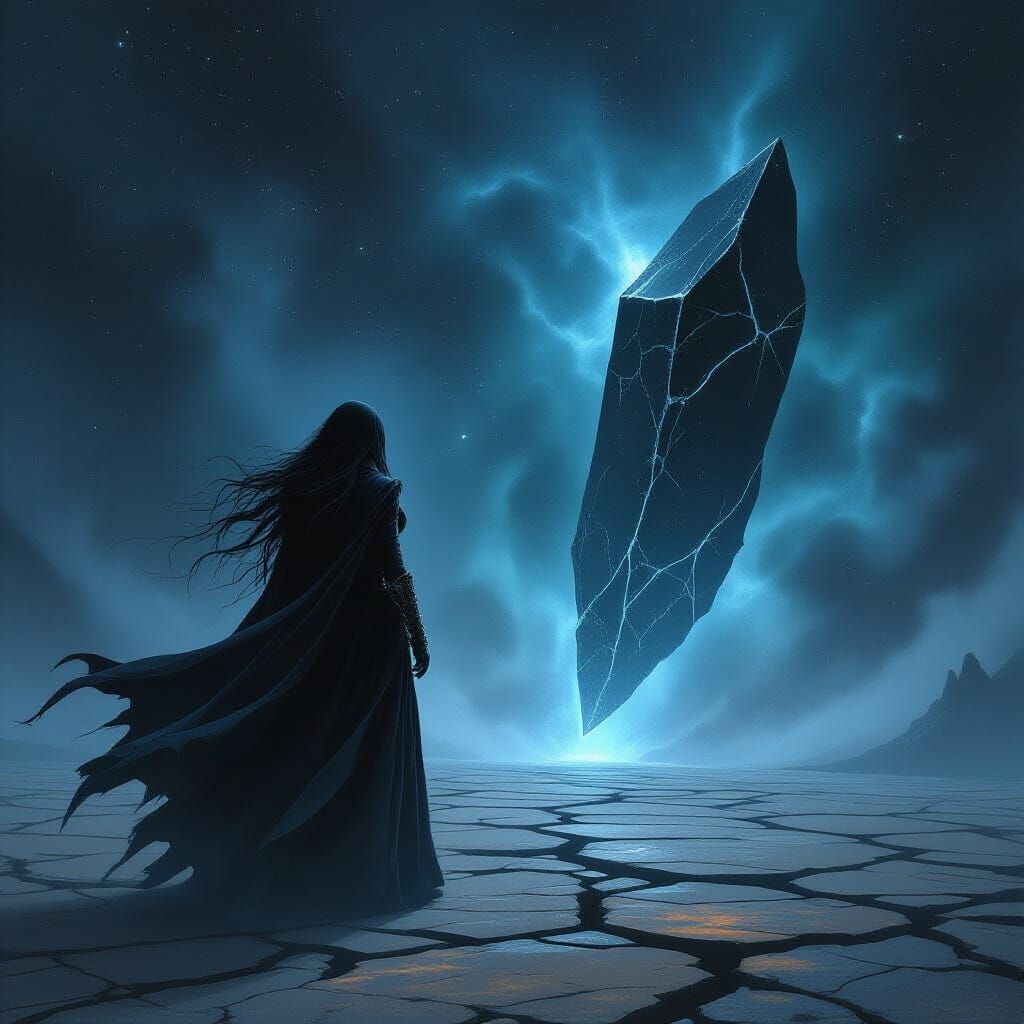 Gothic Figure on Obsidian Shard in Cosmic Nebula