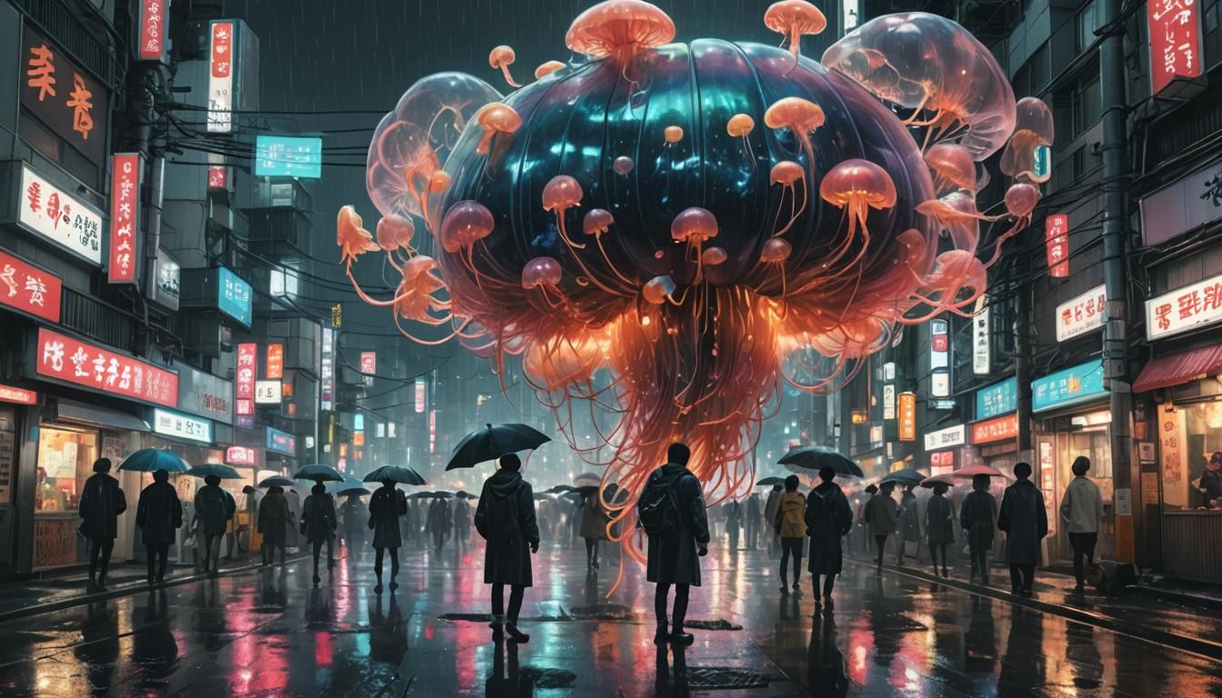 Rainy Tokyo Cyberpunk Night with Luminous Jellyfish