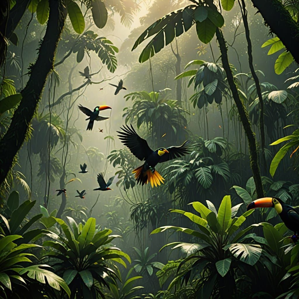 Parrots and Toucans in Misty Rainforest