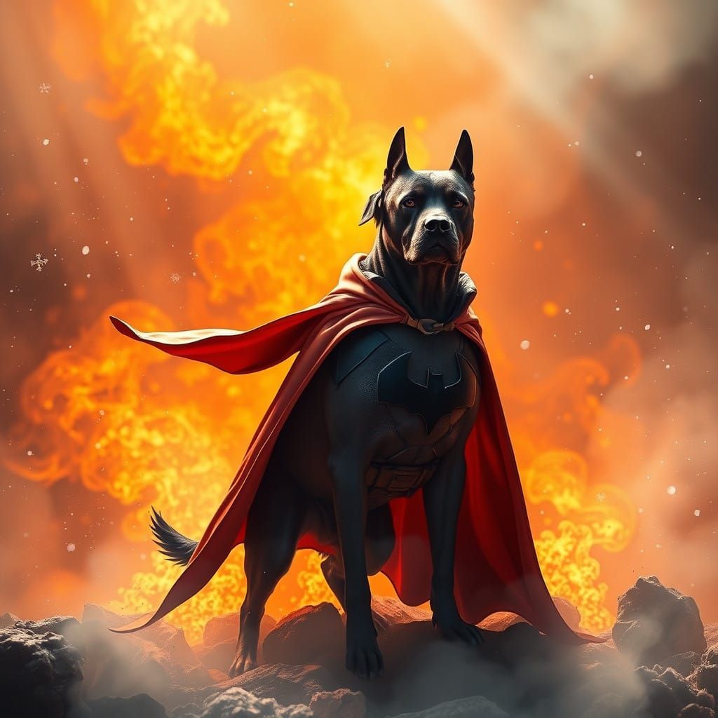 Cyberpunk Fantasy Scene with Dog as Batman in Fiery Orange G...