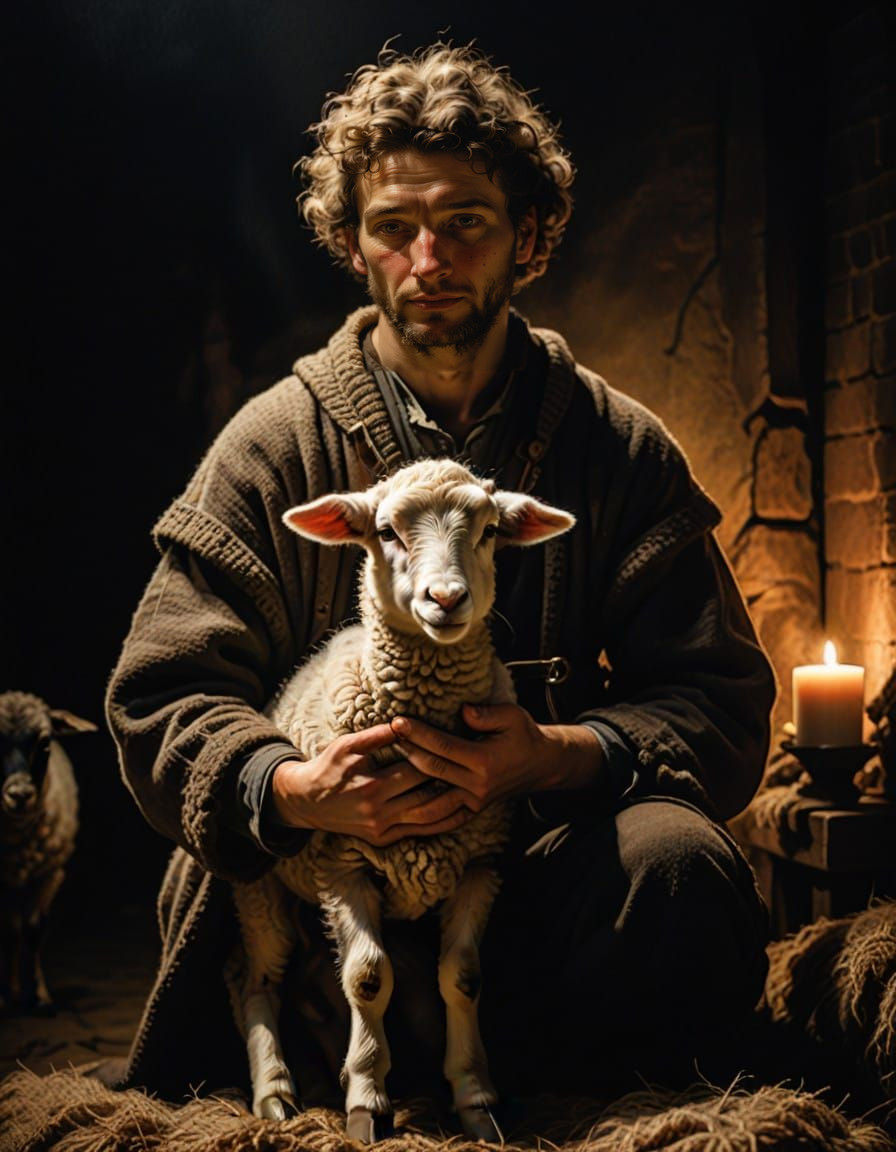A Shepherd in Awe, Holding a Lamb, in the Style of Rembrandt