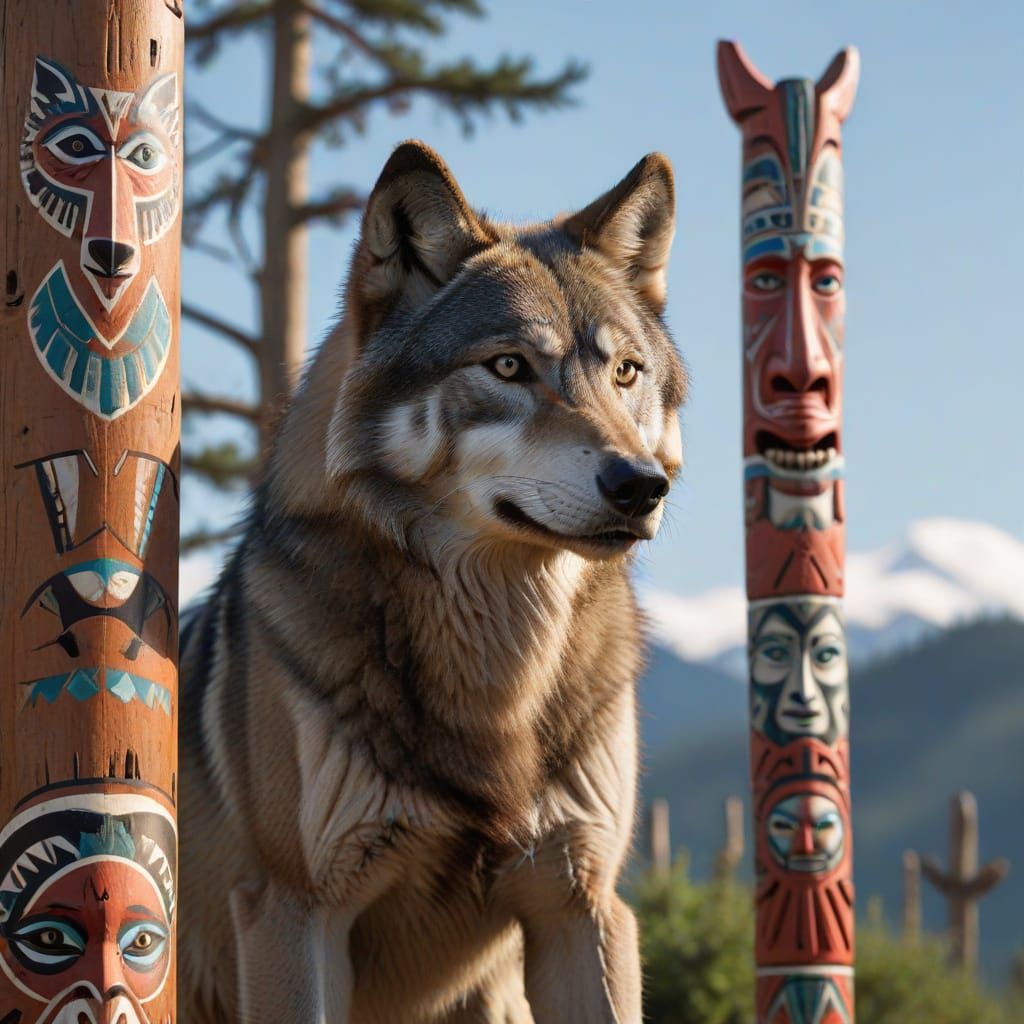 Wolf Beside Native American Totem Pole