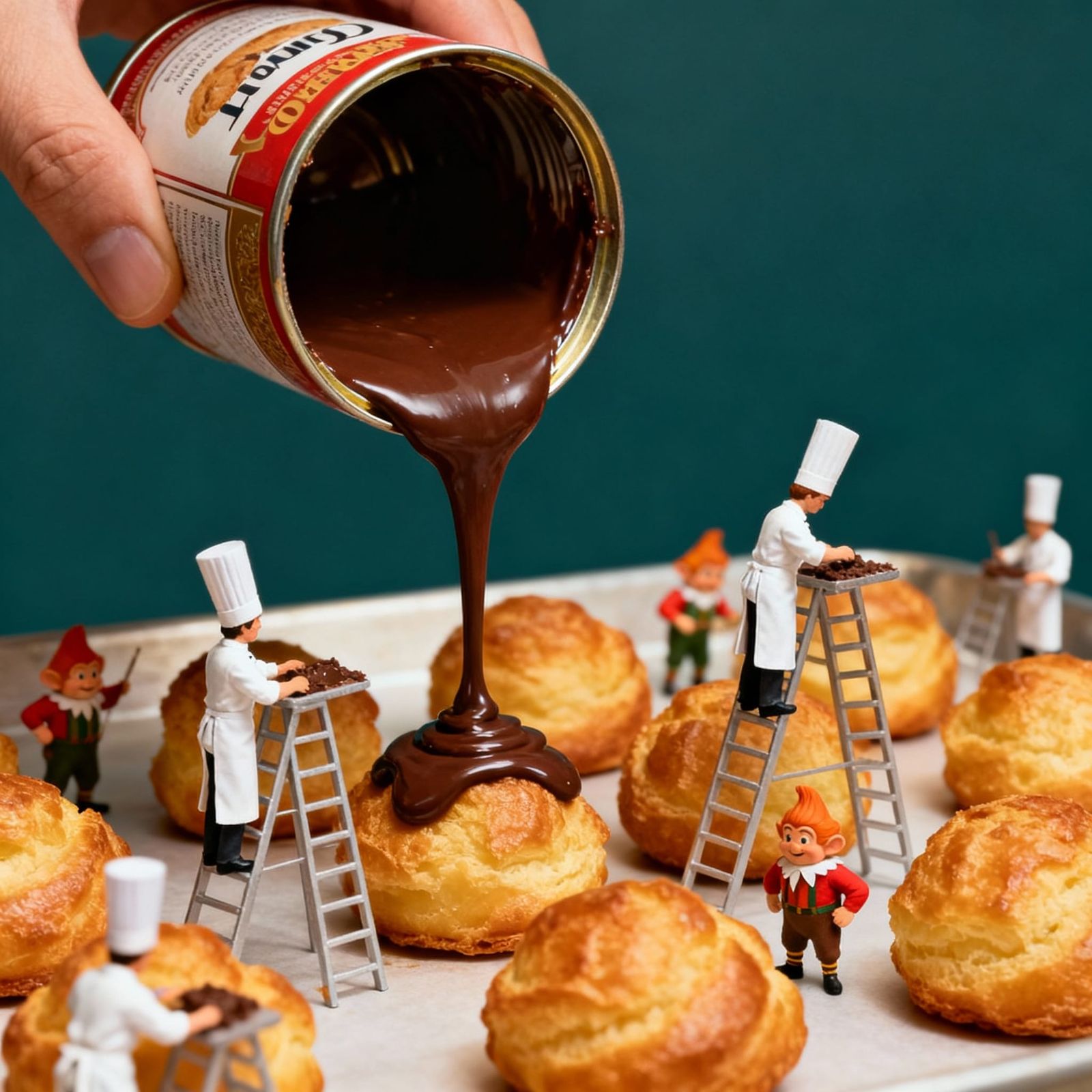 Miniature Chefs Decorating Croissants with Chocolate