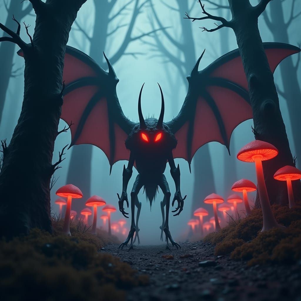 Mothman in Dark Forest, a Dark Fantasy Scene