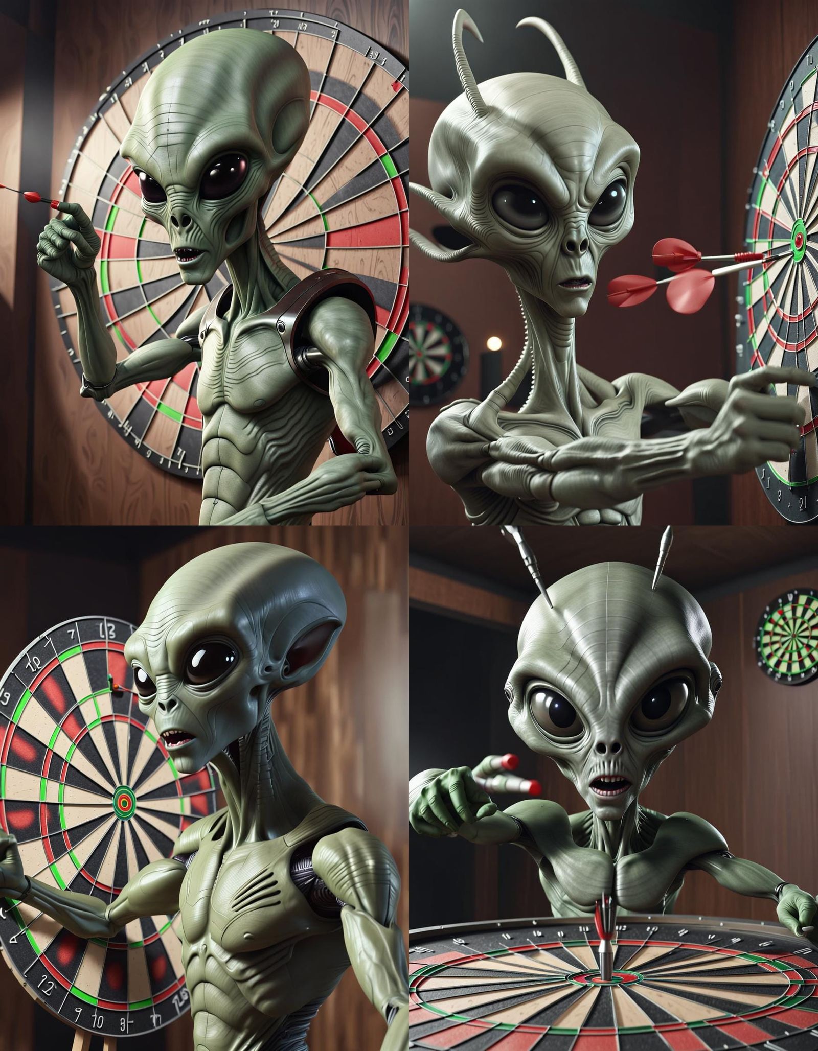 realistic big headed alien throwing dart at dartboard in slow motion