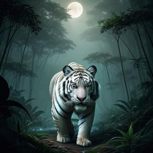 White Tiger in Jungle Moonlight, Fantasy Concept Art