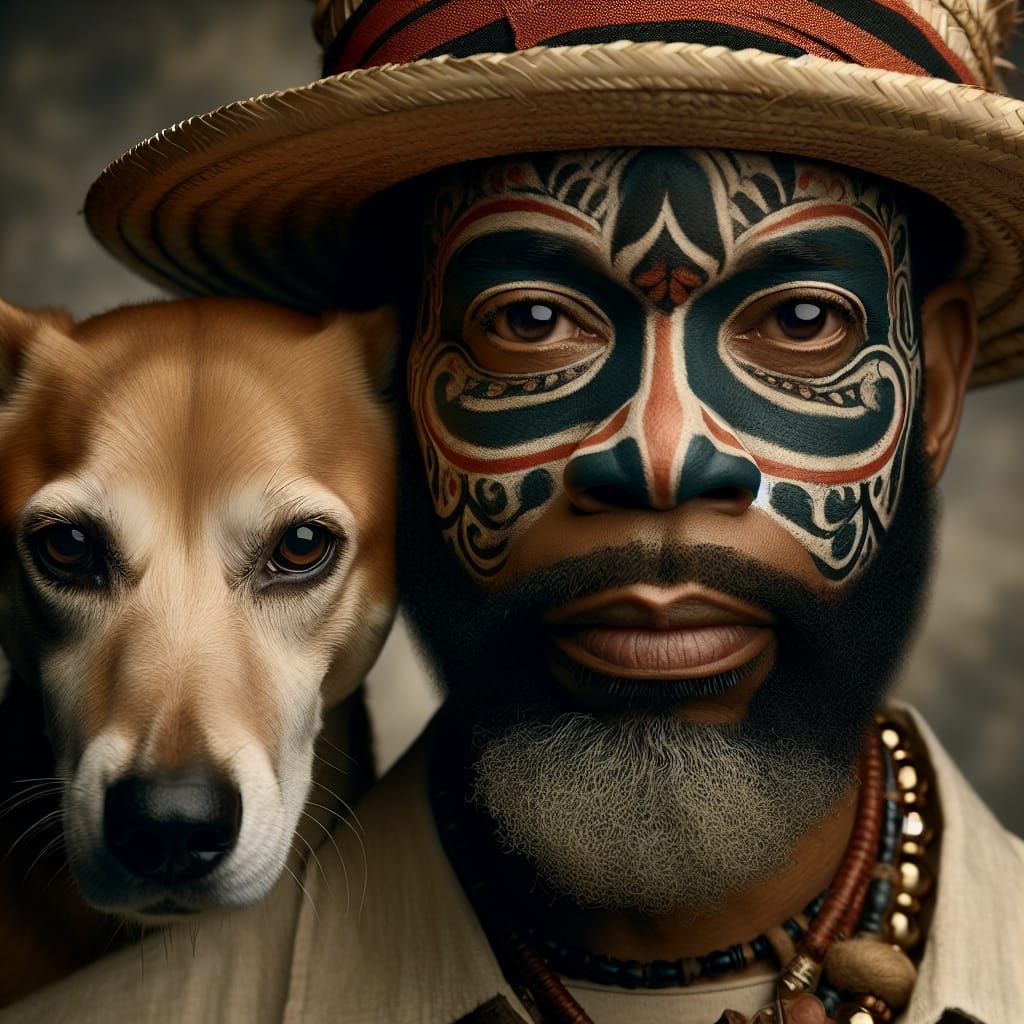 realistic human Papa Legba Haitian Loa wearing Straw hat with his dog