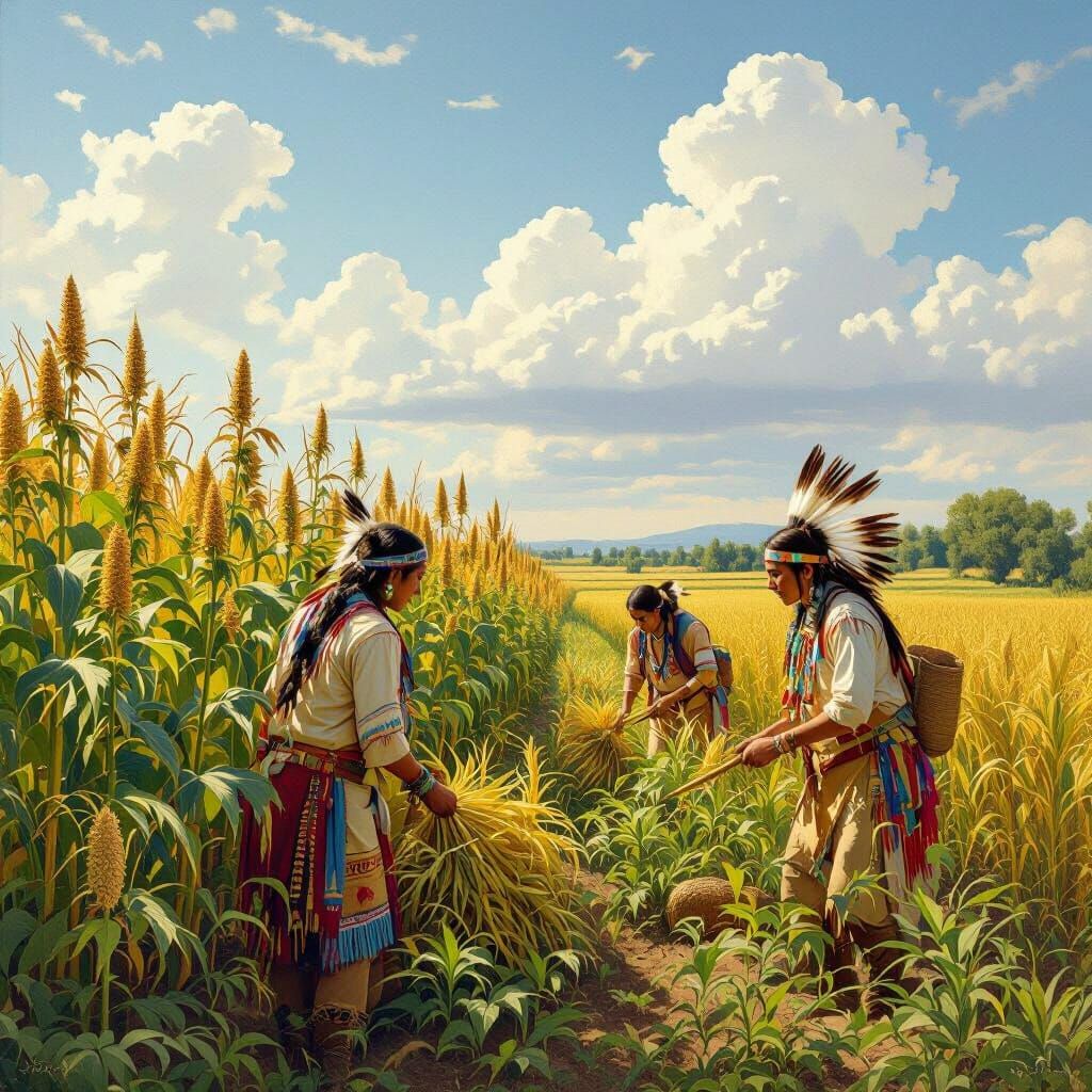 Native Americans Farming Lush Fields in Bierstadt Style